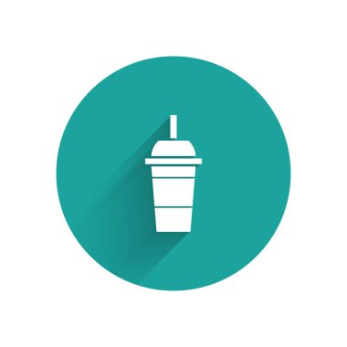 Saman içen beyaz kağıt bardak ve uzun gölgeli su ikonu. Soda bardağı. Taze soğuk içecek sembolü. Yeşil daire düğmesi. Vektör İllüstrasyonu