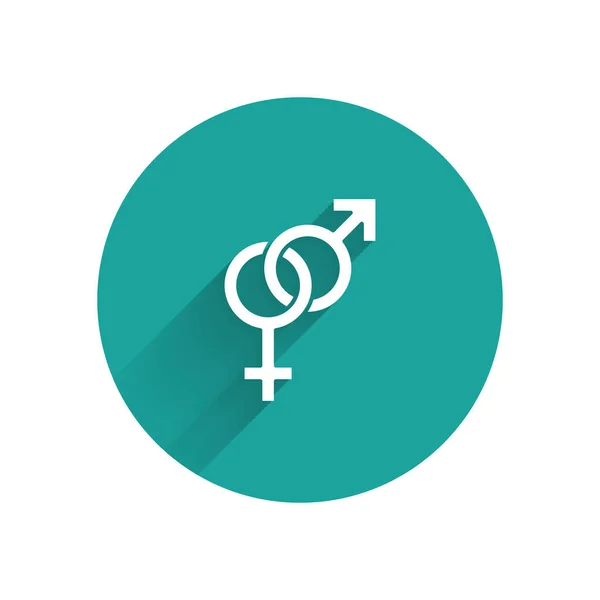 Icono de género blanco aislado con sombra larga. Símbolos de hombres y mujeres. Símbolo sexual. Botón círculo verde. Ilustración vectorial — Vector de stock