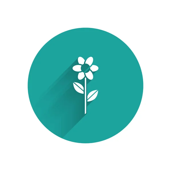 Icono Flor Blanca aislado con sombra larga. Botón círculo verde. Ilustración vectorial — Vector de stock