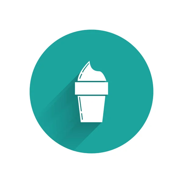 White Ice cream in waffle cone icon isolated with long shadow. Sweet symbol. Green circle button. Vector Illustration — Stock Vector