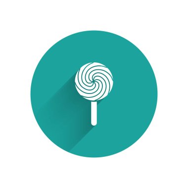 Beyaz Lolipop simgesi uzun gölge ile izole. Yemek, lezzetli sembol. Yeşil daire düğmesi. Vektör İllüstrasyonu
