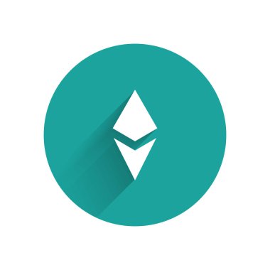 Beyaz Cryptocurrency sikke Ethereum Eth simgesi uzun gölge ile izole. Altcoin sembolü. Blockchain tabanlı güvenli kripto para birimi. Yeşil daire düğmesi. Vektör İllüstrasyonu
