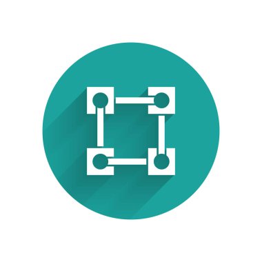 Beyaz Blockchain teknoloji simgesi uzun gölge ile izole. Kripto para birimi verileri. Soyut geometrik blok zincir ağ teknolojisi iş. Yeşil daire düğmesi. Vektör İllüstrasyonu