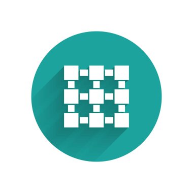 Beyaz Blockchain teknoloji simgesi uzun gölge ile izole. Kripto para birimi verileri. Soyut geometrik blok zincir ağ teknolojisi iş. Yeşil daire düğmesi. Vektör İllüstrasyonu