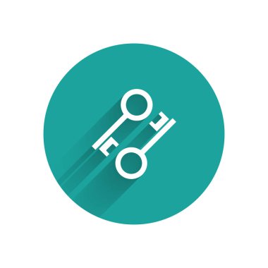 Beyaz Cryptocurrency anahtar simgesi uzun gölge ile yalıtılmış. Siber güvenlik veya özel anahtar kavramı, teknoloji arayüzü ile dijital anahtar. Yeşil daire düğmesi. Vektör İllüstrasyonu