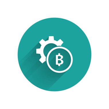 Beyaz Cryptocurrency sikke Bitcoin simgesi uzun gölge ile izole. Dişli ve Bitcoin ayarı. Blockchain tabanlı güvenli kripto para birimi. Yeşil daire düğmesi. Vektör İllüstrasyonu