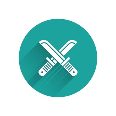 Beyaz Çapraz avcı bıçak simgesi uzun gölge ile izole. Çakısı. Yeşil daire düğmesi. Vektör İllüstrasyonu