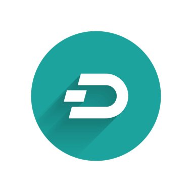 Beyaz Cryptocurrency sikke Dash simgesi uzun gölge ile izole. Dijital para birimi. Altcoin sembolü. Blockchain tabanlı güvenli kripto para birimi. Yeşil daire düğmesi. Vektör İllüstrasyonu