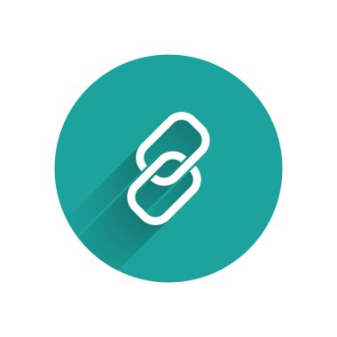 Beyaz zincir bağlantı simgesi uzun gölge ile yalıtılmış. Tek bağlantı. Köprü zinciri sembolü. Yeşil daire düğmesi. Vektör Illustration