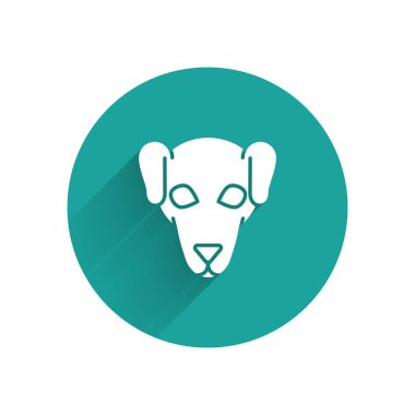 Beyaz Avcılık köpek simgesi uzun gölge ile izole. Yeşil daire düğmesi. Vektör İllüstrasyonu