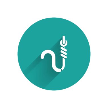 Beyaz Olta kancası ve solucan simgesi uzun gölge ile izole. Olta takımı. Yeşil daire düğmesi. Vektör İllüstrasyonu