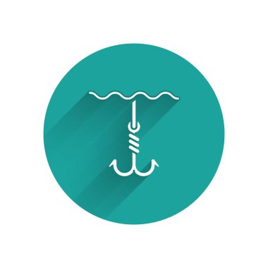 Uzun gölge ile izole su simgesi altında Beyaz Balıkçılık kanca. Olta takımı. Yeşil daire düğmesi. Vektör İllüstrasyonu