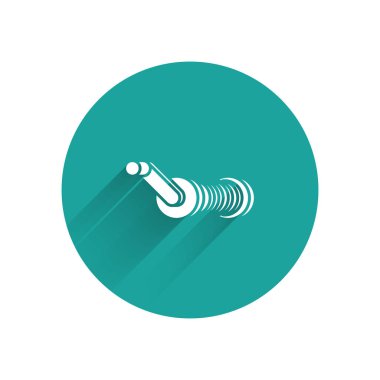 Uzun gölge ile izole balıkçılık simgesi için Beyaz İplik makara. Balıkçı bobini. Olta takımı. Yeşil daire düğmesi. Vektör İllüstrasyonu