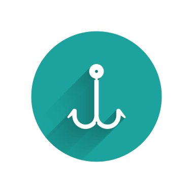 Uzun gölgeli beyaz balık oltası ikonu. Balık oltası. Yeşil daire düğmesi. Vektör İllüstrasyonu