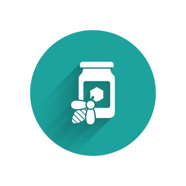 Uzun gölge ile izole arı simgesi ile bal Beyaz Kavanoz. Bankada tatlı doğal gıda. Bal arısı veya kanat sembolü ile apis. Uçan böcek. Yeşil daire düğmesi. Vektör İllüstrasyonu