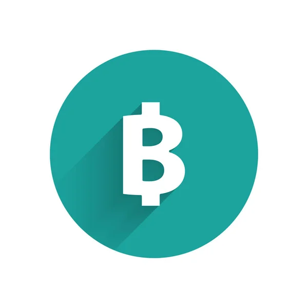 Criptomoeda branca ícone Bitcoin moeda isolada com sombra longa. Moeda física. Blockchain baseado em moeda criptomoeda segura. Botão de círculo verde. Ilustração vetorial — Vetor de Stock