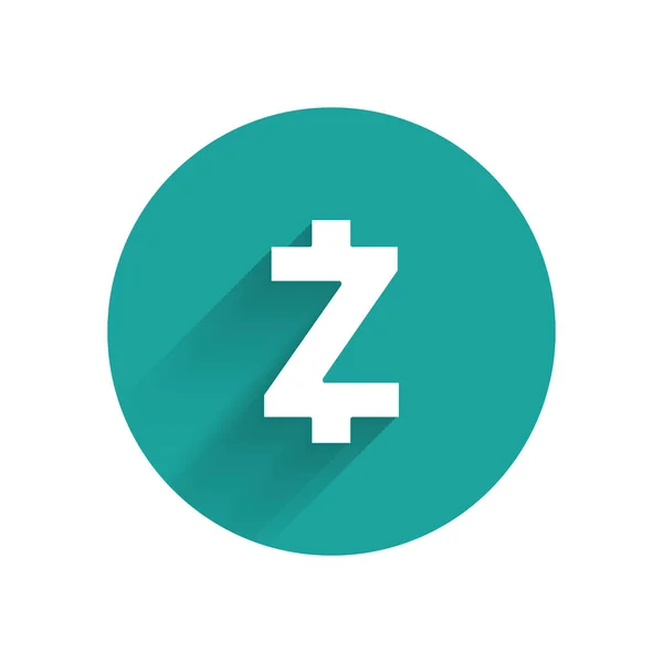 Fehér Cryptocurrency érme Zcash Zec ikon izolált hosszú árnyék. Altcoin szimbólum. Blockchain alapú biztonságos titkosítási valuta. Zöld kör gomb. Vektoros illusztráció — Stock Vector