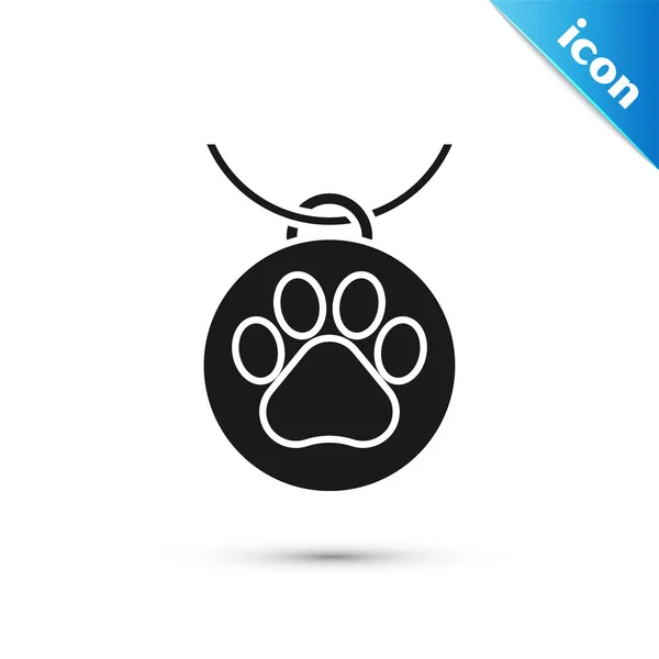 Zwarte kraag met naamtag pictogram geïsoleerd op witte achtergrond. Benodigdheden voor huishoudelijk dier. Hond of kat Paw Print. Kat-en honden verzorging. Huisdier ketens. Vector illustratie — Stockvector