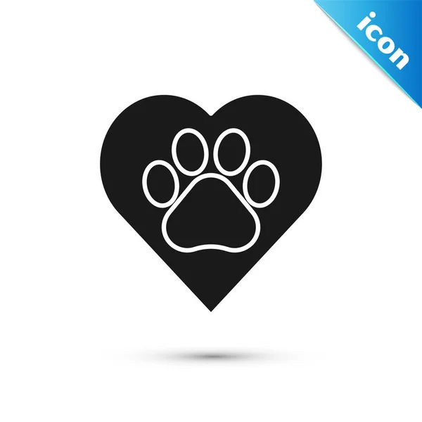흰색 배경에 고립 된 동물 발자국 아이콘이있는 검은 심장. 마음에 애완 동물 발. 동물에 대한 사랑. 벡터 일러스트레이션 — 스톡 벡터