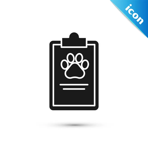Appunti neri con icona dell'animale domestico con cartella clinica isolata su sfondo bianco. Modulo di assicurazione sanitaria. Segnalazione segni medici. Illustrazione vettoriale — Vettoriale Stock