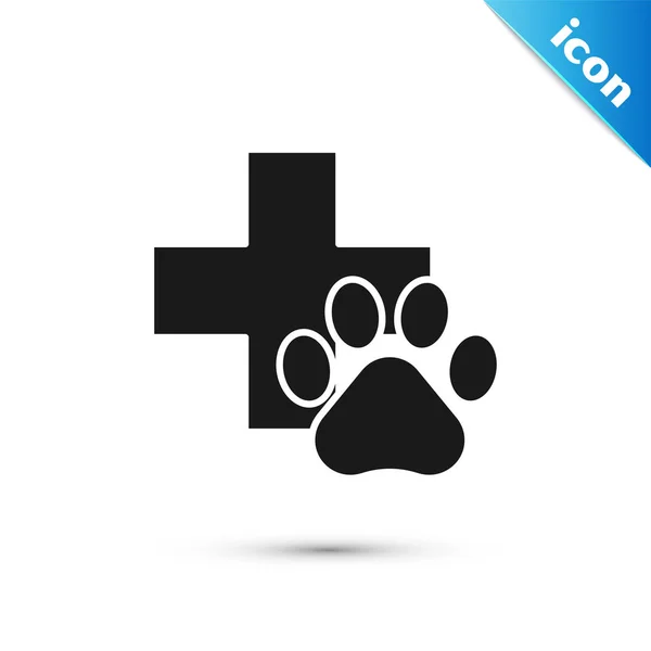 Zwarte veterinaire kliniek symbool pictogram geïsoleerd op witte achtergrond. Kruis ziekenhuis teken. Een gestileerde Paw Print hond of kat. Huisdier eerste hulp teken. Vector illustratie — Stockvector