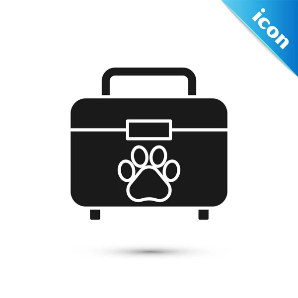 Black Pet ícone kit de primeiros socorros isolado no fundo branco. Impressão de pata de cão ou gato. Caixa da clínica. Ilustração vetorial — Vetor de Stock
