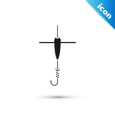 Siyah Olta kancası ve beyaz arka planda izole edilmiş float simgesi. Olta takımı. Vektör İllüstrasyonu