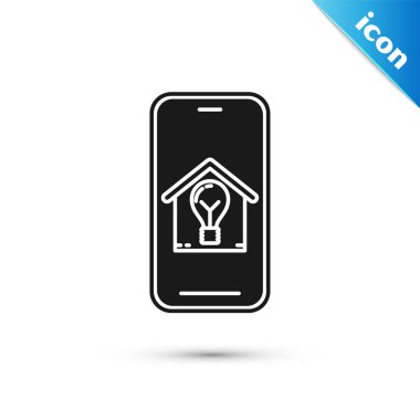 Akıllı ev ve ampul simgesi beyaz arka plan izole ile Siyah Cep telefonu. Vektör İllüstrasyonu