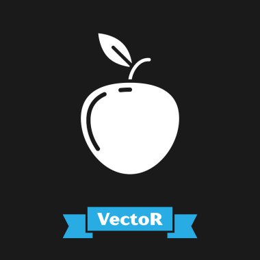 Beyaz Elma simgesi siyah arkaplanda izole edildi. Yaprak sembollü meyve. Vektör İllüstrasyonu