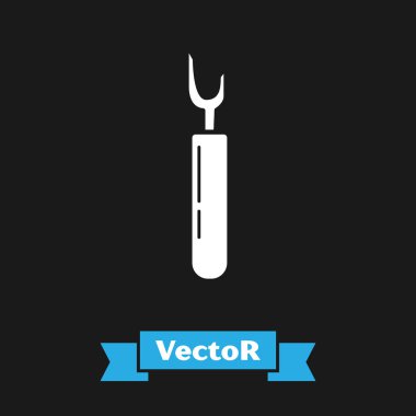 Beyaz Kesici takım simgesi siyah arka planda yalıtılmış. Bıçakla dikiş bıçağı. Vektör İllüstrasyonu