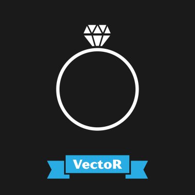 Beyaz Elmas nişan yüzüğü simgesi siyah arka plan üzerinde izole. Vektör İllüstrasyonu