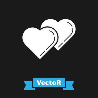 Beyaz İki Bağlantılı Kalpler simgesi siyah arka planda yalıtılmış. Romantik sembol bağlantılı, katılmak, tutku ve düğün. Sevgililer günü sembolü. Vektör İllüstrasyonu