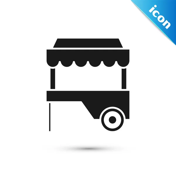 Carro de comida callejera negra con icono de toldo aislado sobre fondo blanco. Quiosco urbano. Ilustración vectorial — Vector de stock