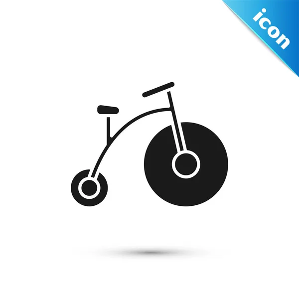 Černý ročník bicykl s jedním velkým kolem a jednu malou ikonou izolovanou na bílém pozadí. Značka veřejné dopravy jízdního kola. Vektorová ilustrace — Stockový vektor