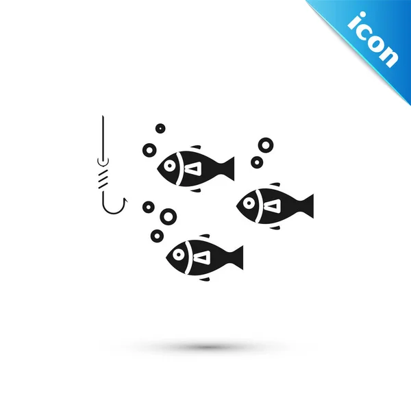 Gancho de pesca preto sob a água com ícone de peixe isolado no fundo branco. Equipamento de pesca. Ilustração vetorial — Vetor de Stock