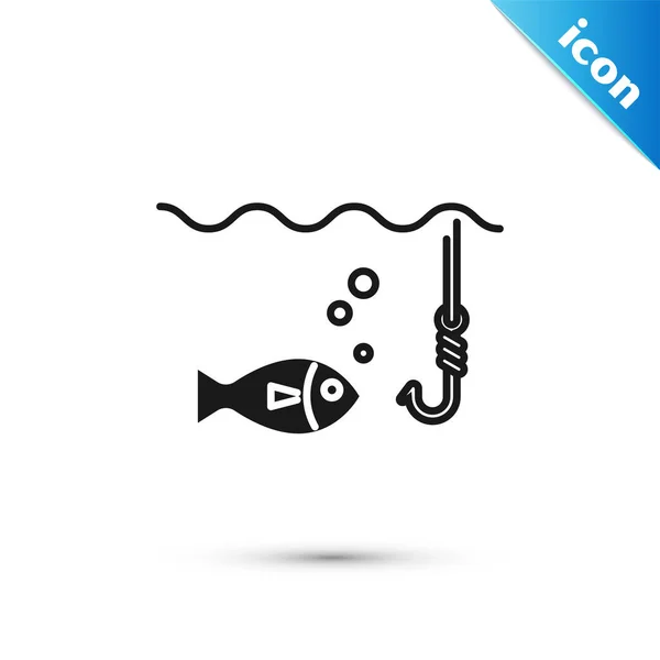 Svart fiskekrok under vatten med fisk ikonen isolerad på vit bakgrund. Fiskeredskap. Vektor illustration — Stock vektor