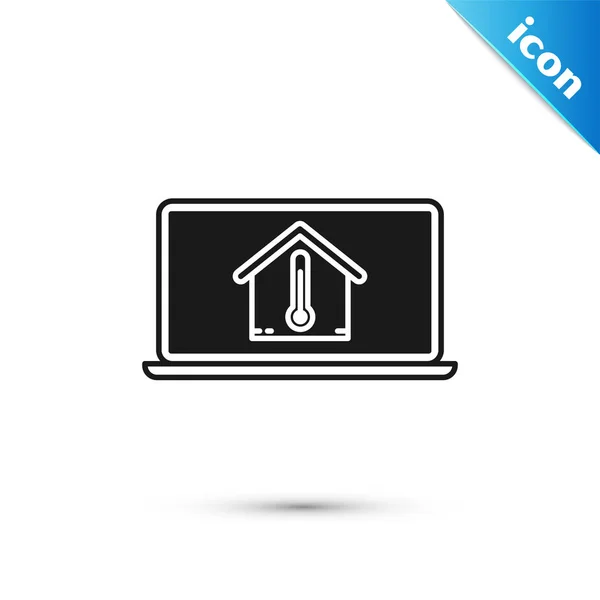 Laptop preto com ícone de temperatura da casa isolado no fundo branco. Ícone do termómetro. Ilustração vetorial — Vetor de Stock