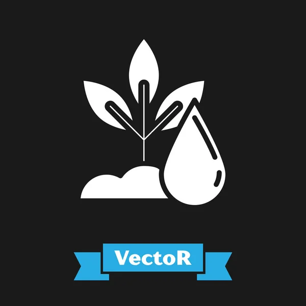 Weißes Pflanzensymbol auf schwarzem Hintergrund. Samen und Sämlinge. Bewässerungssymbol. Blatt Natur. Vektorillustration — Stockvektor