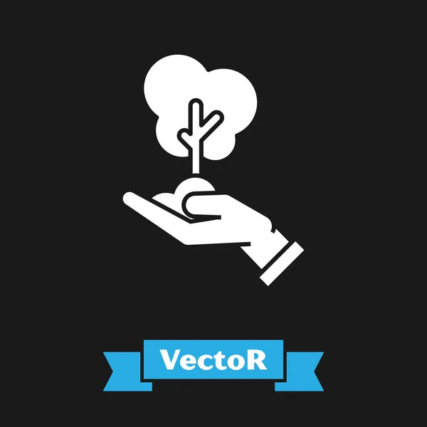 Weißer Baum in der Hand des Umweltschutzsymbols isoliert auf schwarzem Hintergrund. Samen und Sämlinge. Bäumchen pflanzen. Ökologiekonzept. Vektorillustration — Stockvektor