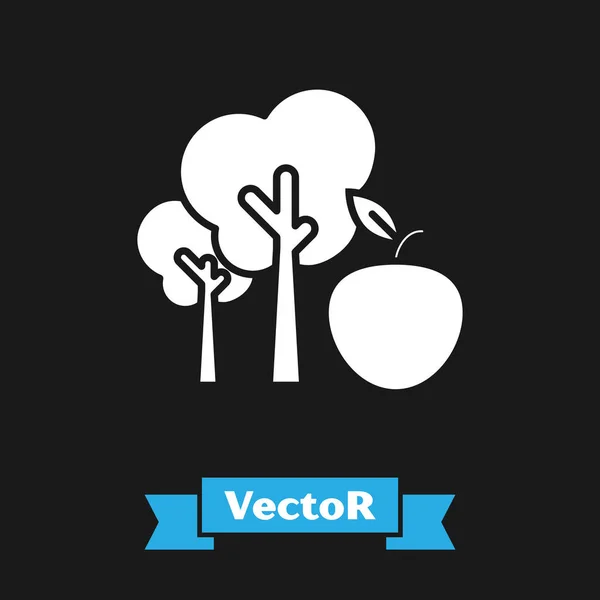 White Tree with apple icon isolated on black background. Agricultural plant. Organic farm product. Gardening theme. Vector Illustration