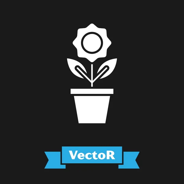 Weiße Blume im Topf Symbol isoliert auf schwarzem Hintergrund. Pflanze, die im Topf wächst. Topfpflanzenschild. Vektorillustration — Stockvektor
