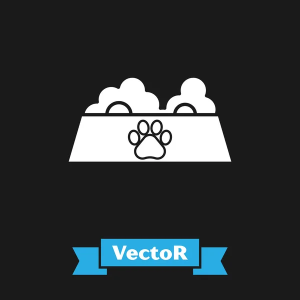 Белая чаша корма для кошки или собаки иконка изолированы на черном фоне. Отпечаток лапы собаки или кошки. Векторная миграция — стоковый вектор