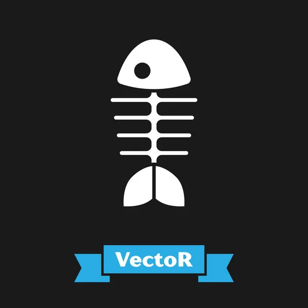 Ícone de esqueleto de peixe branco isolado no fundo preto. Sinal de osso de peixe. Ilustração vetorial — Vetor de Stock
