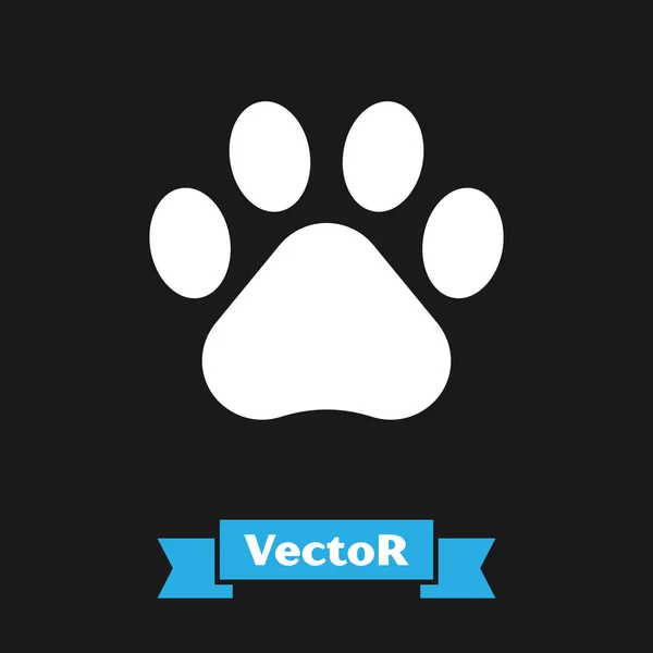 Weißes Pfotendruck-Symbol auf schwarzem Hintergrund. Pfotenabdruck für Hund oder Katze. Tierspur. Vektorillustration — Stockvektor