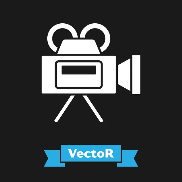 Icono de cámara de cine blanco aislado sobre fondo negro. Videocámara. Signo de película. Proyector de cine. Ilustración vectorial — Vector de stock