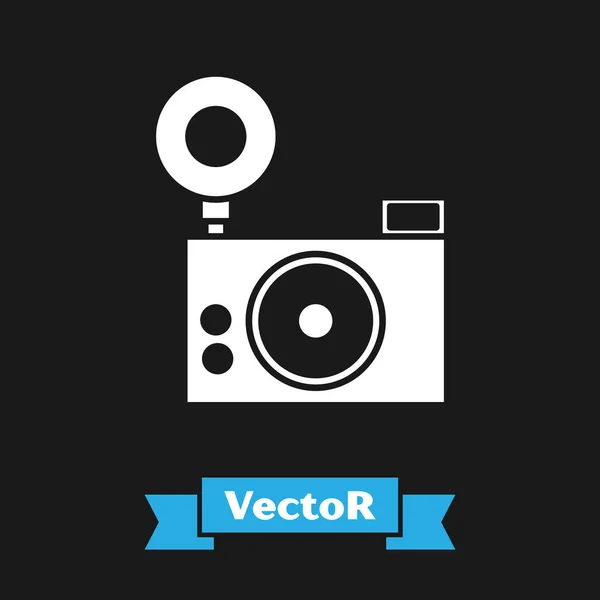 Icono de cámara fotográfica blanca aislado sobre fondo negro. Icono de cámara fotográfica. Ilustración vectorial — Vector de stock