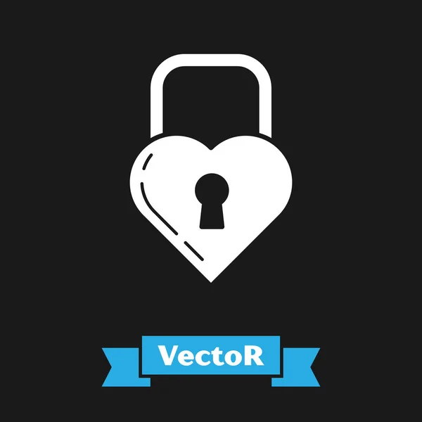 Castillo Blanco en forma de icono del corazón aislado sobre fondo negro. Corazón bloqueado. Signo de amor y cerradura. Ilustración vectorial — Vector de stock