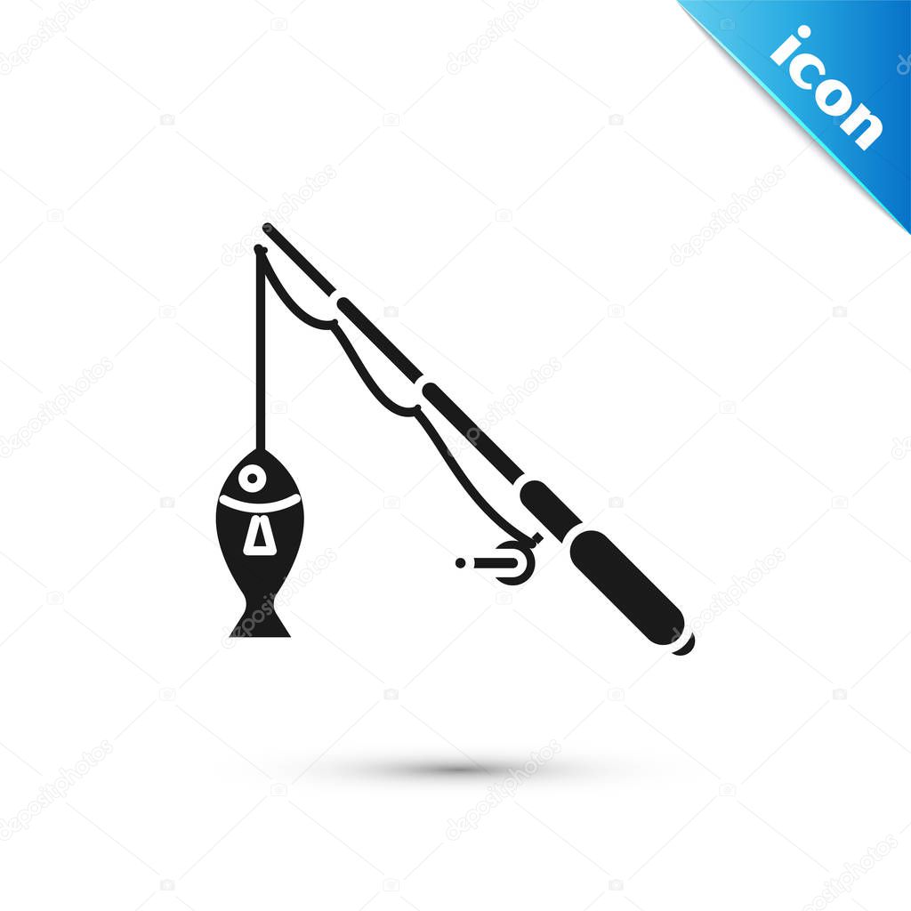 Black Fishing rod and fish icon isolated on white background. Fishing equipment and fish farming topics. Vector Illustration