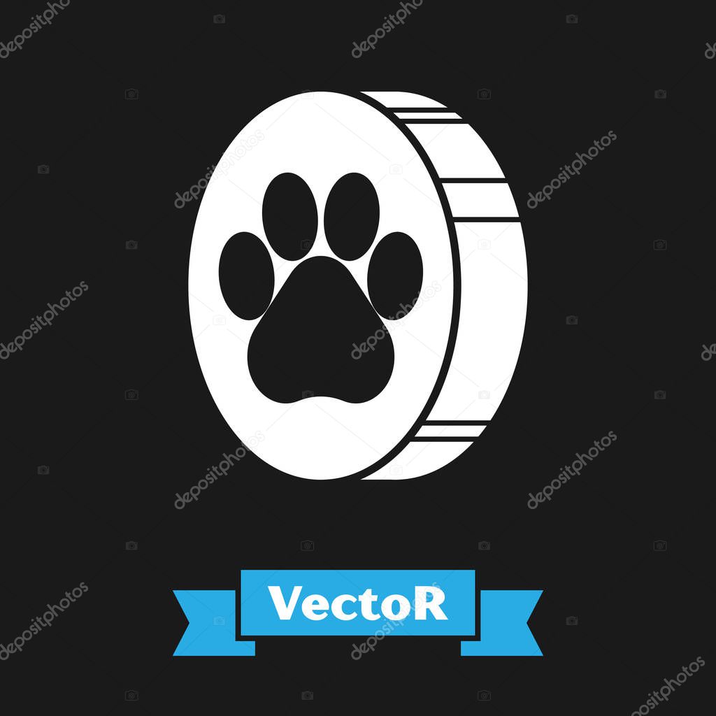 White Paw print icon isolated on black background. Dog or cat paw print. Animal track. Vector Illustration