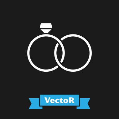 Beyaz Alyans simgesi siyah arka plan üzerinde izole. Gelin ve damat mücevher işareti. Evlilik simgesi. Elmas yüzük simgesi. Vektör İllüstrasyonu